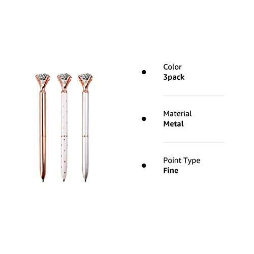 LONGKEY 3PCS Large Crystal Diamond Pen Bling Metal Ballpoint Pen Office and School, Silver / White Rose Polka Dot / Rose Gold, Including 3Pen Refills.