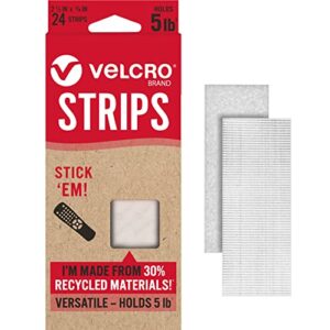 velcro brand eco collection | 24 sets | stick’em hanging strips with adhesive | easy mounting | 2-1/2in x 3/4in, white with sticky back