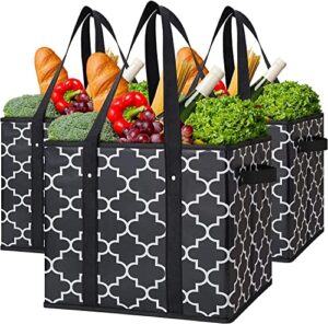wiselife reusable grocery bags 3-pack foldable washable large storage bins basket water resistant shopping tote bag black