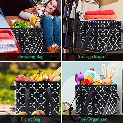 WISELIFE Reusable Grocery Bags 3-Pack Foldable Washable Large Storage Bins Basket Water Resistant Shopping Tote Bag Black