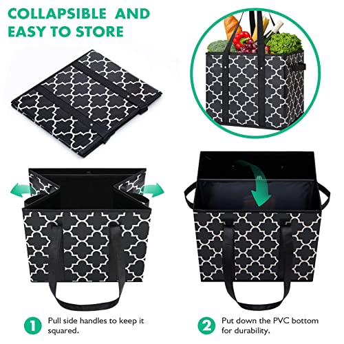 WISELIFE Reusable Grocery Bags 3-Pack Foldable Washable Large Storage Bins Basket Water Resistant Shopping Tote Bag Black