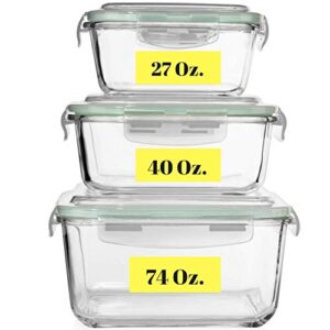 extra large glass food storage containers with airtight lid 6 pc [3 containers with lids] microwave/oven/freezer & dishwasher safe. bpa/pvc free x-large/large/medium size reusable square container set
