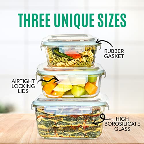 Extra Large Glass Food Storage Containers with Airtight Lid 6 Pc [3 containers with lids] Microwave/Oven/Freezer & Dishwasher Safe. BPA/PVC Free X-Large/Large/Medium Size Reusable Square container set