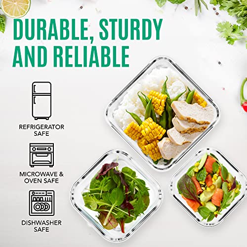 Extra Large Glass Food Storage Containers with Airtight Lid 6 Pc [3 containers with lids] Microwave/Oven/Freezer & Dishwasher Safe. BPA/PVC Free X-Large/Large/Medium Size Reusable Square container set