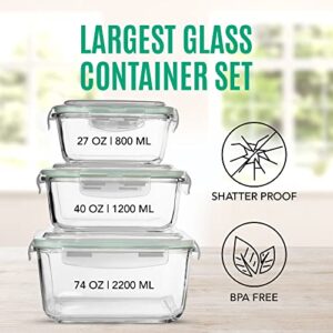 Extra Large Glass Food Storage Containers with Airtight Lid 6 Pc [3 containers with lids] Microwave/Oven/Freezer & Dishwasher Safe. BPA/PVC Free X-Large/Large/Medium Size Reusable Square container set