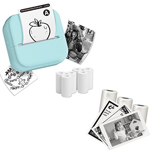 Sticker Printer- M02L Pocket Printer with 9 Rolls Paper Thermal Mini Printer Portable Printer for Printing Photos, Study Notes, Scrapbook, Journal, Birthday, Green