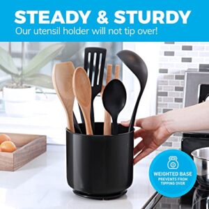 Rotating Extra Large Utensil Holder Crock with No-Tip Weighted Base, Removable Divider, And Gripped Insert - Dishwasher Safe Kitchen Utensil Holder For Kitchen Counter: Cooking Black Utensil Caddy