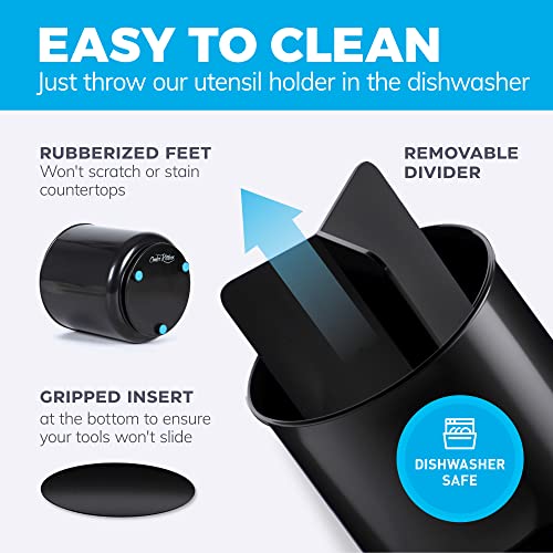 Rotating Extra Large Utensil Holder Crock with No-Tip Weighted Base, Removable Divider, And Gripped Insert - Dishwasher Safe Kitchen Utensil Holder For Kitchen Counter: Cooking Black Utensil Caddy