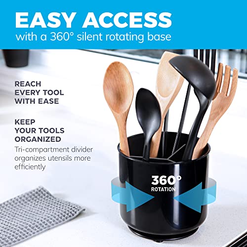 Rotating Extra Large Utensil Holder Crock with No-Tip Weighted Base, Removable Divider, And Gripped Insert - Dishwasher Safe Kitchen Utensil Holder For Kitchen Counter: Cooking Black Utensil Caddy