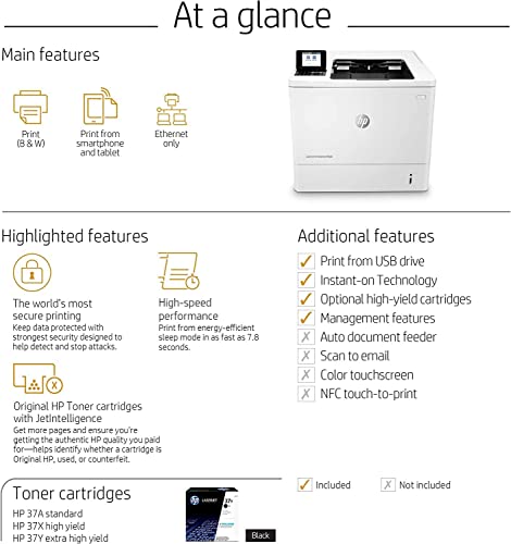 HP Laserjet Enterprise M608n Single-Function Wired Monochrome Laser Printer, White - Print only - 2.7" LCD, 65 ppm, 1200 x 1200 dpi, USB and Ethernet Connectivity, Manual Duplex Printing