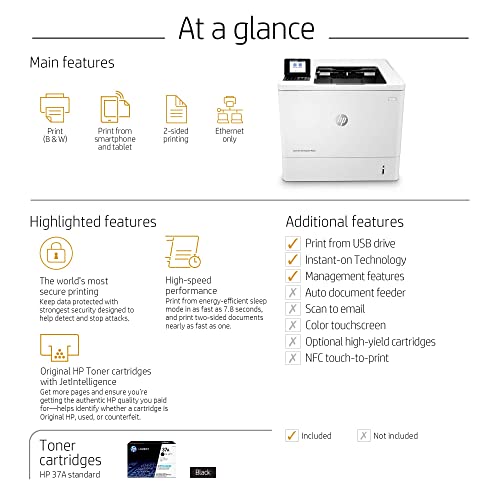 HP Laserjet Enterprise M607n Monochrome Printer with Built-in Ethernet, 1200 x 1200 dpi, 550-sheet Input Feeder, 55 ppm, 512 MB, 2.7-inch LCD with keypad, Bundle with JAWFOAL Printer Cable