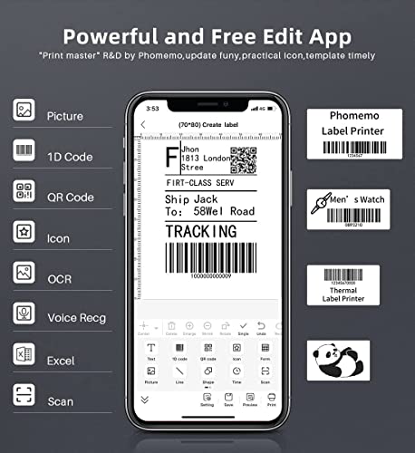 Phomemo M220 Label Maker - 3.14 Inch Barcode Printer - Portable Bluetooth Thermal Label Sticker Maker Machine for Mailing, Jars, Qr Code, Address, Compatible with iOS, Android,with 4 Rolls Labels