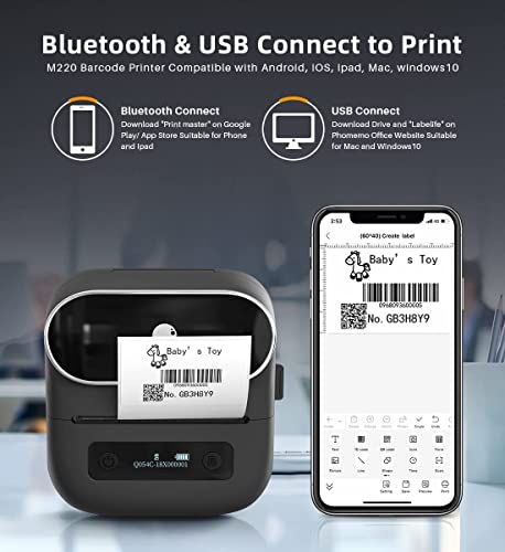 Phomemo M220 Label Maker - 3.14 Inch Barcode Printer - Portable Bluetooth Thermal Label Sticker Maker Machine for Mailing, Jars, Qr Code, Address, Compatible with iOS, Android,with 4 Rolls Labels