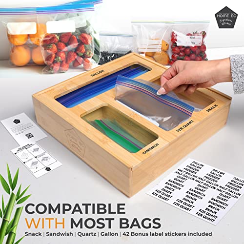 HOME EC Bamboo Ziplock Bag Organizer for Drawer - Plastic ziploc Bag Organizer for Drawer - Baggie Organizer for Drawer - Storage Bag Organizer Kitchen Drawer - Sandwich Bag Organizer for Drawer