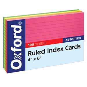 oxford neon index cards, 4″ x 6″, ruled, assorted colors, 100 per pack (99755ee)