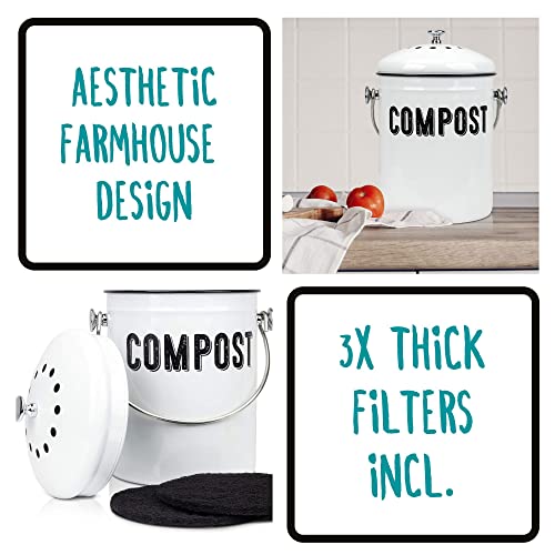 Granrosi Compost Bin Kitchen, Kitchen Compost Bin Countertop, Indoor Compost Bin, Countertop Compost Bin with Lid, 100% Rust Proof Compost Bucket w/ Non-Smell Charcoal Filters, 1.3 Gallon - White