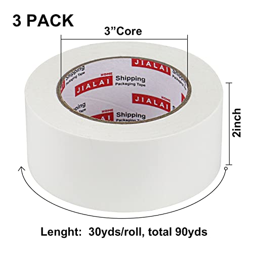 JIALAI HOME 3 Pack Heavy Duty White Duct Tape, 2 Inches x 30 Yards, 8.27 mil, Strong, Flexible, No Residue, All-Weather and Tear by Hand - for Repairs, Industrial, Professional Use