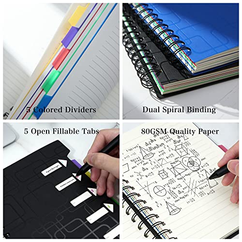 CAGIE Spiral Notebook for Work 240 Pages 5 Subject Notebooks College Ruled with Dividers Tabs A5 Small Spiral Bound Journal for School Office Supplies Note Taking, 5x7, Black