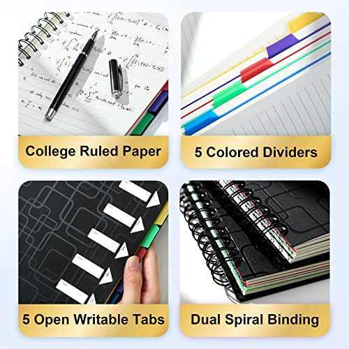 CAGIE Spiral Notebook for Work 240 Pages 5 Subject Notebooks College Ruled with Dividers Tabs A5 Small Spiral Bound Journal for School Office Supplies Note Taking, 5x7, Black