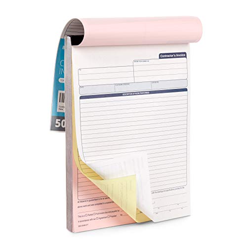 Blue Summit Supplies Contractors Invoice Book, 3 Part Carbonless Forms with White, Yellow, and Pink Copies, Work Order Receipt Book with Blank Invoice Sheets, 8-3/8 x 11-5/8 inch, 50 Pack