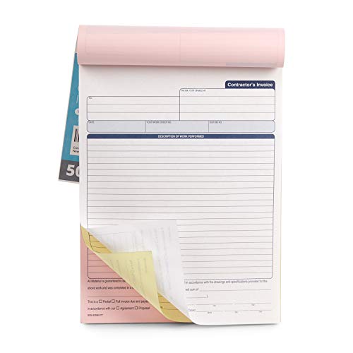 Blue Summit Supplies Contractors Invoice Book, 3 Part Carbonless Forms with White, Yellow, and Pink Copies, Work Order Receipt Book with Blank Invoice Sheets, 8-3/8 x 11-5/8 inch, 50 Pack