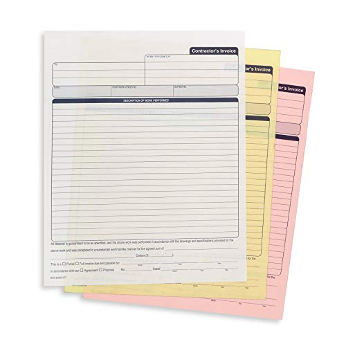 Blue Summit Supplies Contractors Invoice Book, 3 Part Carbonless Forms with White, Yellow, and Pink Copies, Work Order Receipt Book with Blank Invoice Sheets, 8-3/8 x 11-5/8 inch, 50 Pack