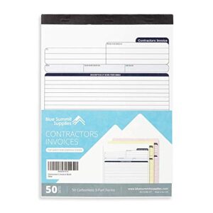 Blue Summit Supplies Contractors Invoice Book, 3 Part Carbonless Forms with White, Yellow, and Pink Copies, Work Order Receipt Book with Blank Invoice Sheets, 8-3/8 x 11-5/8 inch, 50 Pack