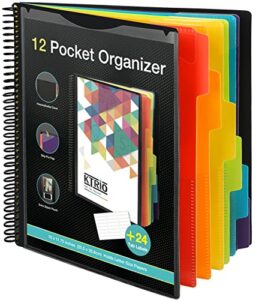 ktrio 12 pocket poly project organizer, binder organizer spiral project folder multi pocket folder binder with pockets letter size, back cover utility pouch, 6 tab color dividers, school supplies