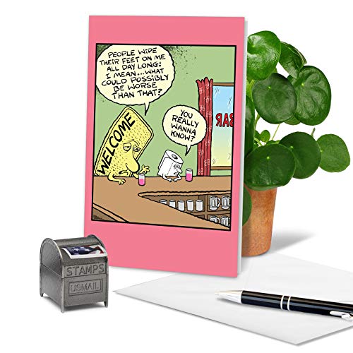 NobleWorks - 1 Happy Birthday Greeting Card Funny - Cartoon Comic Humor, Celebrate Birthdays Notecard - Welcome Mat C9283BDG