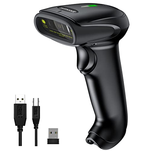 Symcode Wireless Handheld Barcode Scanner Versatile 2-in-1 (2.4Ghz Wireless+USB 2.0 Wired) 328 Feet Transmission Distance Rechargeable 1D Laser Automatic Bar Code Reader Scanner(Black)