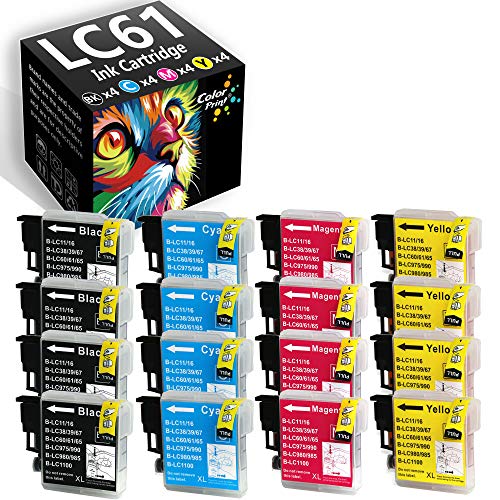 16-Pack ColorPrint Compatible LC61 Ink Cartridge Replacement for Brother LC-61 LC 61 LC65 LC65 Work with MFC-J615W MFC-5895CW MFC-290C MFC-5490CN MFC-790CW MFC-J630W MFC-490CW Printer (4BK,4C,4M,4Y)