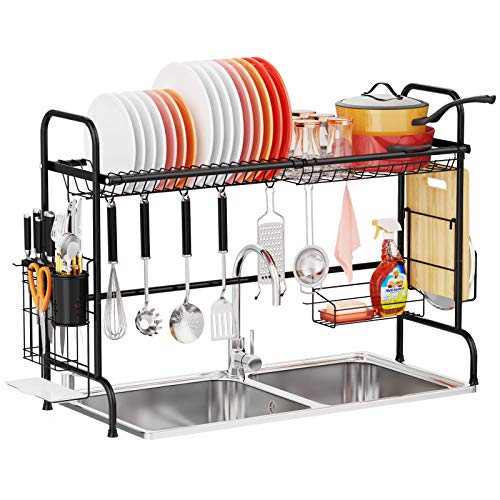 iSPECLE Over The Sink Dish Drying Rack Large Stainless Steel Dish Rack Shelf Over Sink for Kitchen Space Saver, Black