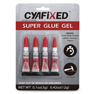 super glue gel by cyafixed, 4-pack of single-use tubes, “all purpose” ca glue, fast drying, no drip gel formula.105 oz each