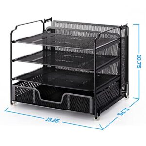 Simple Trending 4-Trays Mesh Office Supplies Desk Organizer, Desktop Hanging File Holder with Drawer Organizer and Vertical Upright Section for Office Home, Black