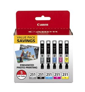 canon cli-251 bk/c/m/y/gy 5 color value pack compatible to mg7520, mg5620, mg6620