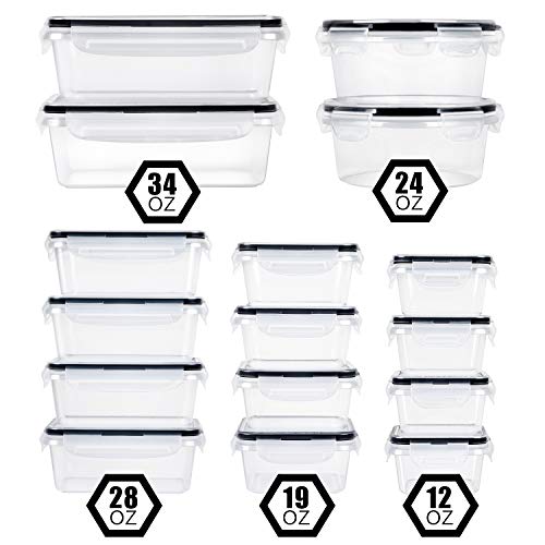 FOOYOO 32 Piece Food Storage Container with Lids (16 Containers + 16 Lids) - Plastic Food Containers with Lid, Airtight Leak Proof Snap Lock Lids, BPA Free Storage Containers with Lids