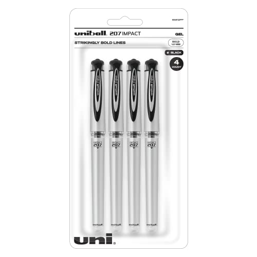 uni-ball 207 Impact Gel Pens, Bold Point (1.0mm), Black, 4 Count