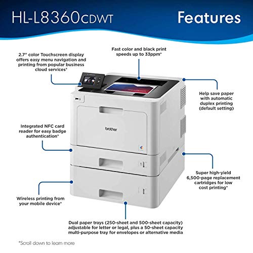 Brother HL-L8360CDWT Business Color Laser Printer, Wireless Networking, Auto 2-Sided Printing, 250-sheet or 500-sheet Capacity, 33 ppm, 512 MB, 2400 x 600 DPI, White-Bundle with JAWFOAL Printer Cable