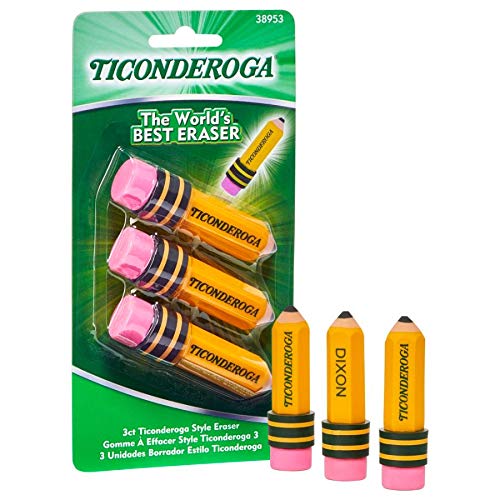 TICONDEROGA Erasers, Pencil Shaped, Latex-Free, Yellow, 3-Pack (38953)