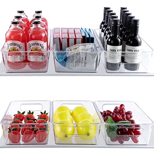 HOMER Set Of 6 Refrigerator Organizer Bins, Pantry Organization and Storage Bins, Fridge Organizers with Cutout Handles, Clear Plastic Storage Bins for Pantry - BPA Free Kitchen Organizers