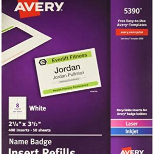 Avery Name Badge Inserts, Print or Write, 2-1/4 Inch x 3-1/2 Inch, 400 Card Stock Refills (5390), White