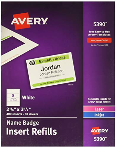 Avery Name Badge Inserts, Print or Write, 2-1/4 Inch x 3-1/2 Inch, 400 Card Stock Refills (5390), White