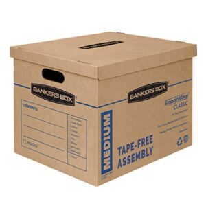 bankers box smoothmove classic medium moving boxes, 8 pack, tape-free assembly, easy carry handles, 18″ x 15″ x 14″