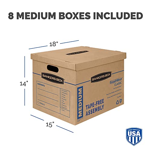 Bankers Box SmoothMove Classic Medium Moving Boxes, 8 Pack, Tape-Free Assembly, Easy Carry Handles, 18" x 15" x 14"