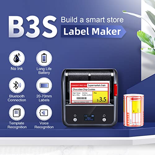 Thermal Label Printer B3S with 3 Inch Labels Tape Bluetooth Business Sticker Label Maker Suitable for Barcode, Price, Address and Storing Compatible with Android iOS and Windows for Home & Office