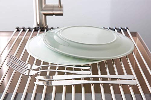 Breathe Essential (20.5" x 15.7" Roll Up Dish Drying Rack - Over The Sink Caddy for Kitchen Counter, Folding Dish Mat, Foldable Stainless Steel Trivet Accessories