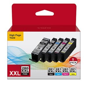 pgi-280xxl cli-281xxl 5-color value pack compatible ink cartridge replacement for canon pgi-280 cli-281 xxl high yield to use with pixma tr7500 tr7520 tr8500 tr8520 tr8620 ts6120 ts6220 ts9120