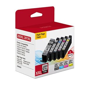 PGI-280XXL CLI-281XXL 5-Color Value Pack Compatible Ink Cartridge Replacement for Canon PGI-280 CLI-281 XXL High Yield to use with PIXMA TR7500 TR7520 TR8500 TR8520 TR8620 TS6120 TS6220 TS9120