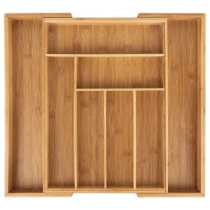 bamboo kitchen drawer organizer – easily adjust the wooden tray width to drawer size, deep enough to fit entire drawer and accommodates different kitchen utensil and cutlery sizes.