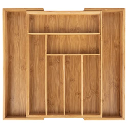 Bamboo Kitchen Drawer Organizer - Easily Adjust The Wooden Tray Width to Drawer Size, Deep Enough to Fit Entire Drawer and Accommodates Different Kitchen Utensil and Cutlery Sizes.